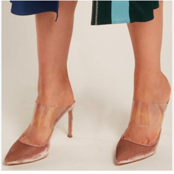 Sophia Webster Tara Velvet Clear PVC High Mules Sandals Sz 37 PINK - Picture 2 of 14